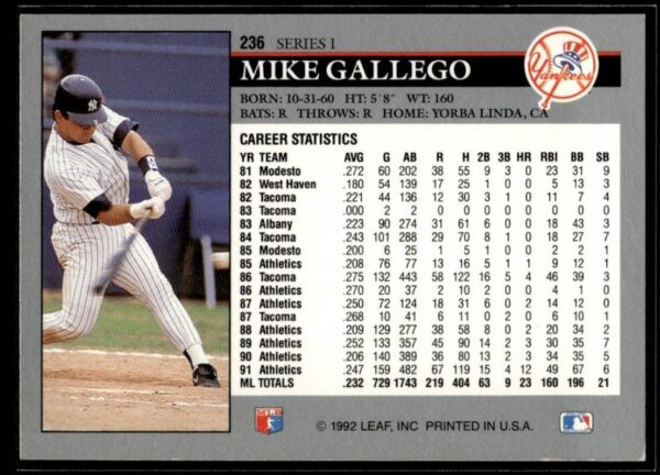 1992 Leaf New York Yankees #236 Mike Gallego