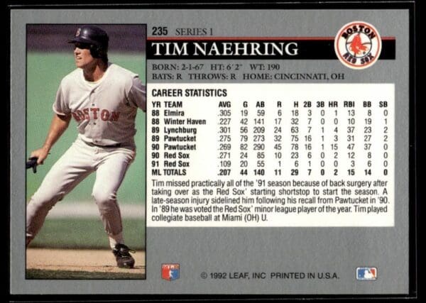 1992 Leaf Boston Red Sox #235 Tim Naehring