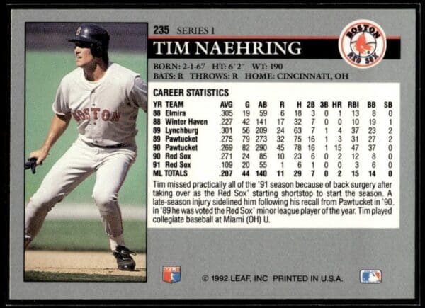 _10 1992 Leaf Boston Red Sox #235 Tim Naehring