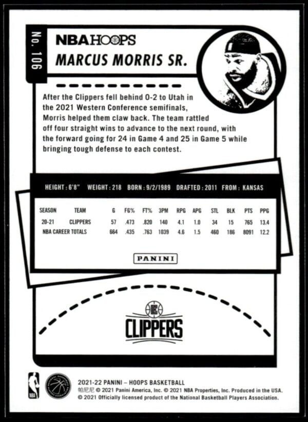 2021 NBA Hoops Los Angeles Clippers #106 Marcus Morris Sr.