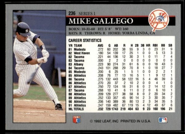 1992 Leaf New York Yankees #236 Mike Gallego