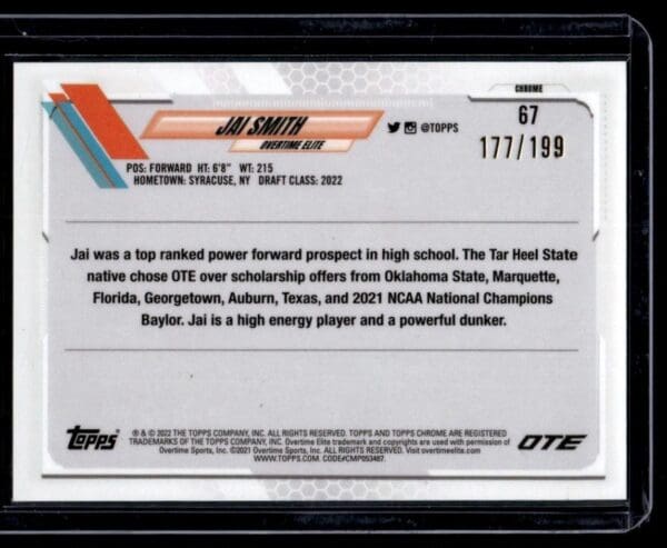 2021 Topps Now Overtime Elite  #D11 Jai Smith RC Rookie 177/199 Aqua Refractor