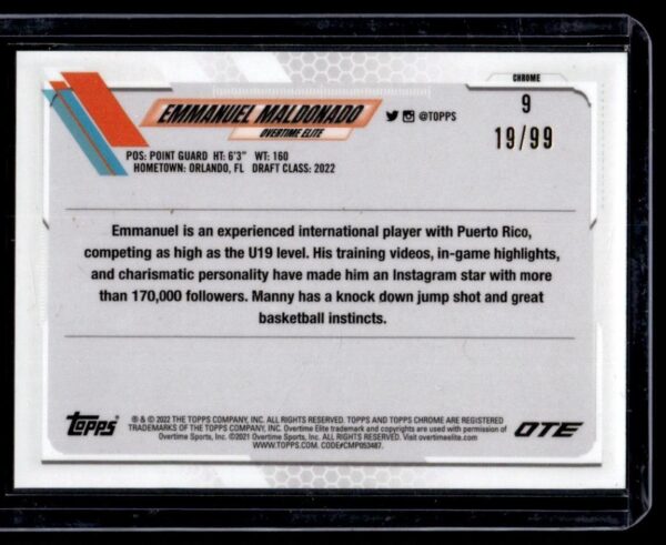 2021 Topps Now Overtime Elite  #9 Emmanuel Maldonado RC Rookie 19/99 Blue Refrac