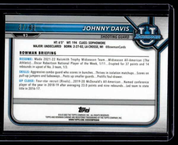 2021 Bowman University  #93 Johnny Davis 27/99 Green Shimmer