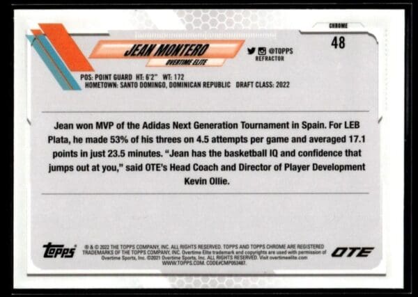 2021 Topps Now Overtime Elite  #48 Jean Montero RC Rookie Refractor