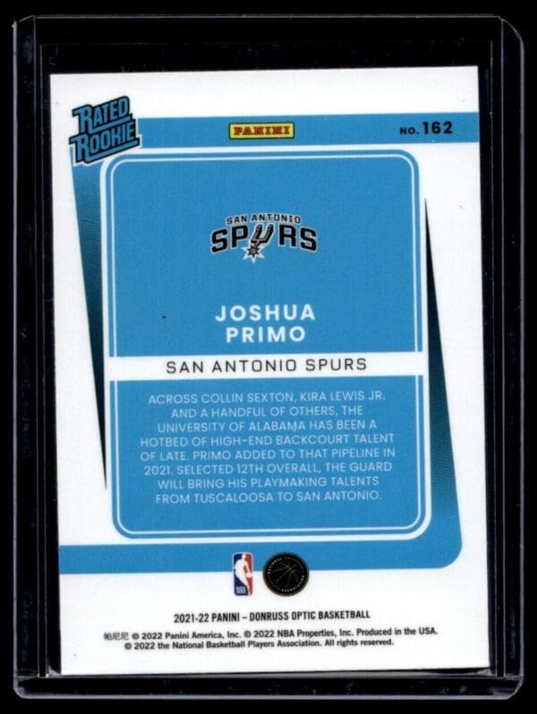 2021 Donruss San Antonio Spurs #212 Joshua Primo RC Rookie