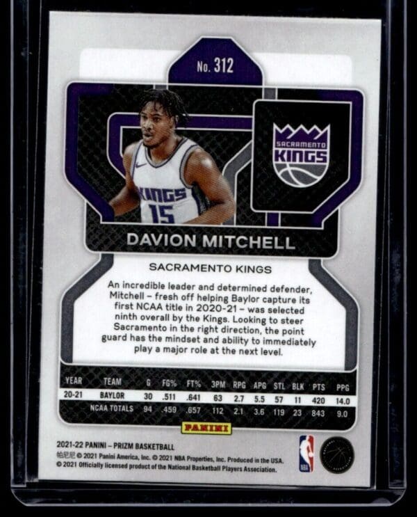 2021 Panini Prizm Sacramento Kings #312 Davion Mitchell RC Rookie Refractor