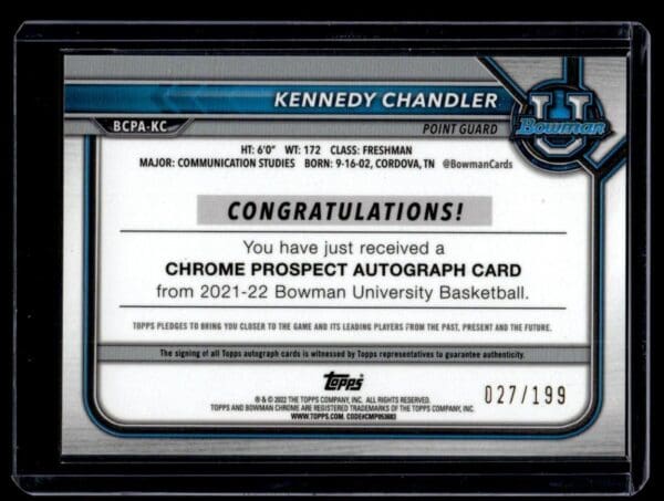 2021 Bowman University  #BCPA-KC Kennedy Chandler Autographed 27/199 Lava