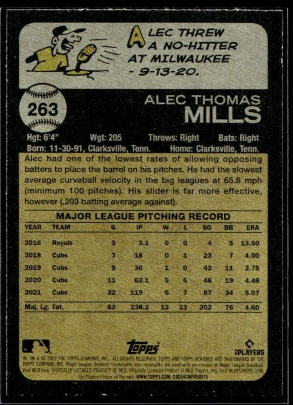 _10 2022 Topps Heritage Alec Mills Chicago Cubs #263