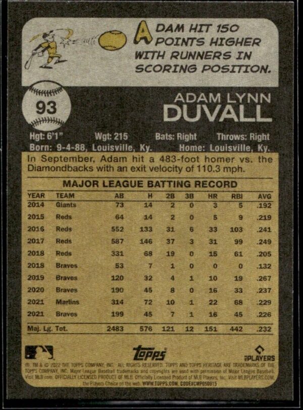 2022 Topps Heritage Adam Duvall Atlanta Braves #93