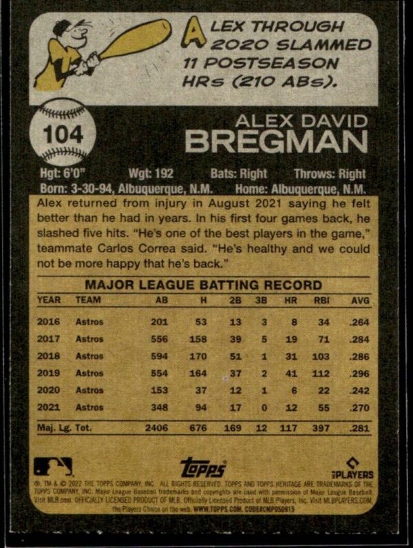 2022 Topps Heritage Alex Bregman Houston Astros #104