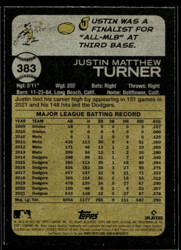 2022 Topps Heritage Justin Turner Los Angeles Dodgers #383