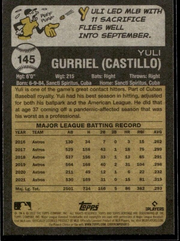 2022 Topps Heritage Yuli Gurriel Houston Astros #145