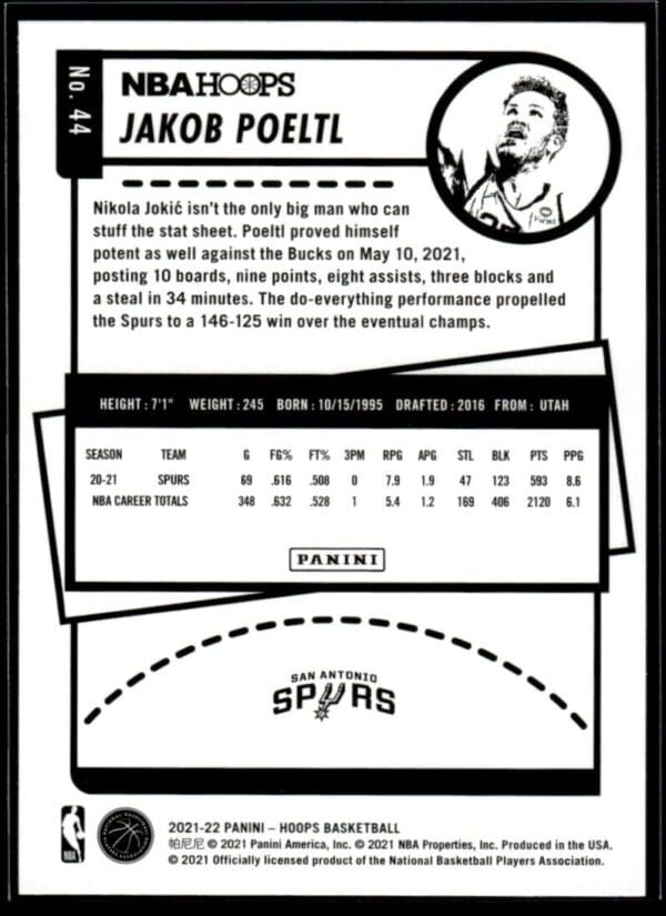 2021 NBA Hoops San Antonio Spurs #44 Jakob Poeltl