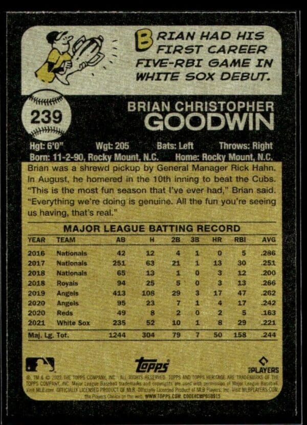 _10 2022 Topps Heritage Brian Goodwin Chicago White Sox #239