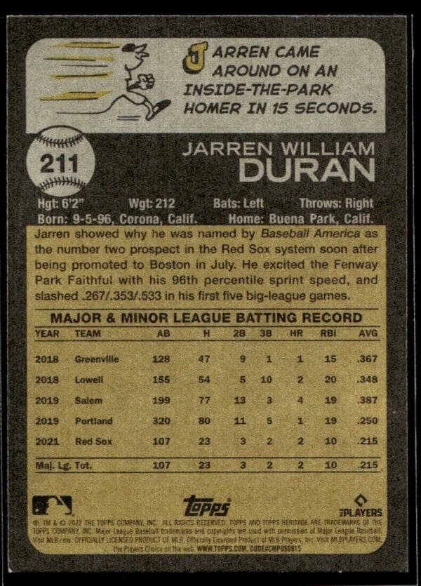 2022 Topps Heritage Jarren Duran Rookie Boston Red Sox #211