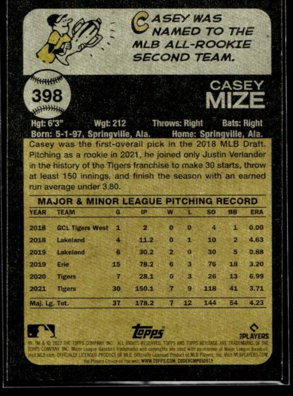 2022 Topps Heritage Casey Mize Detroit Tigers #398