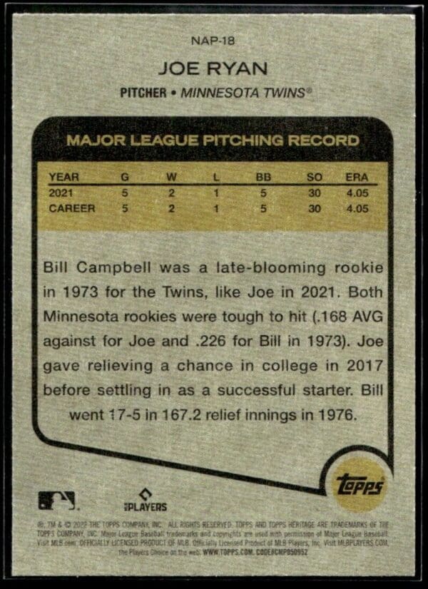 _10 2022 Topps Heritage New Age Performers Joe Ryan Rookie Minnesota Twins #NAP-18