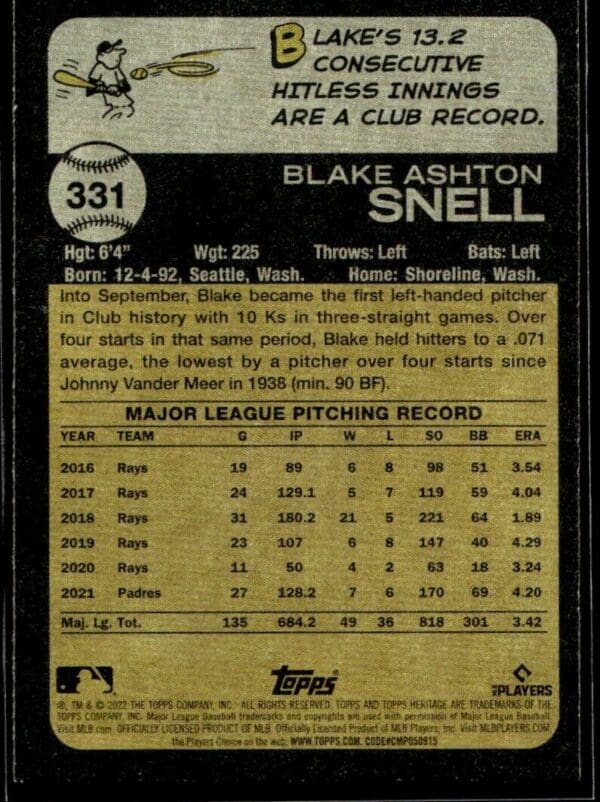 2022 Topps Heritage Blake Snell San Diego Padres #331