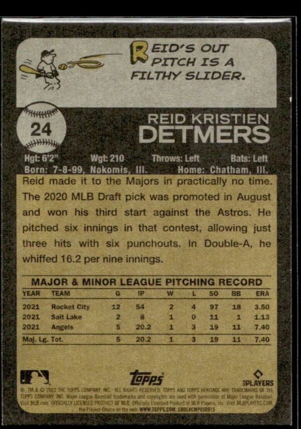 2022 Topps Heritage Reid Detmers Rookie Los Angeles Angels #24