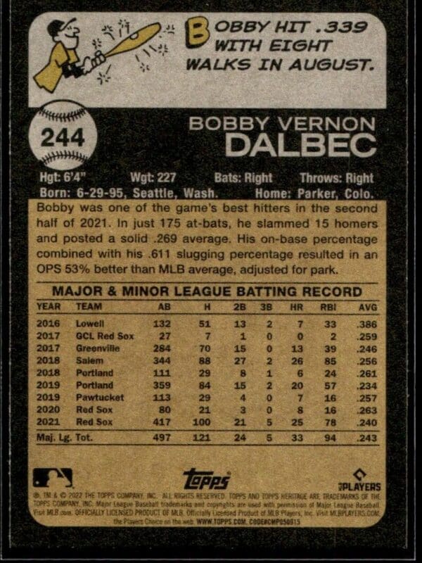 2022 Topps Heritage Bobby Dalbec Boston Red Sox #244