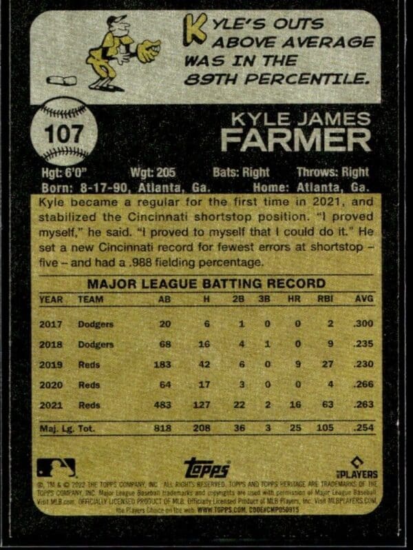 _10 2022 Topps Heritage Kyle Farmer Cincinnati Reds #107