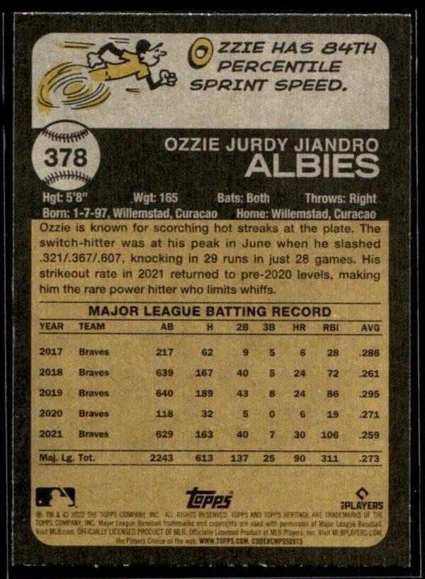 2022 Topps Heritage Ozzie Albies Atlanta Braves #378