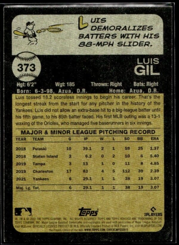 2022 Topps Heritage Luis Gil Rookie New York Yankees #373