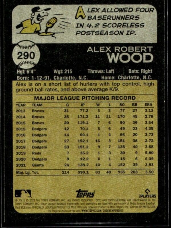 _10 2022 Topps Heritage Alex Wood San Francisco Giants #290
