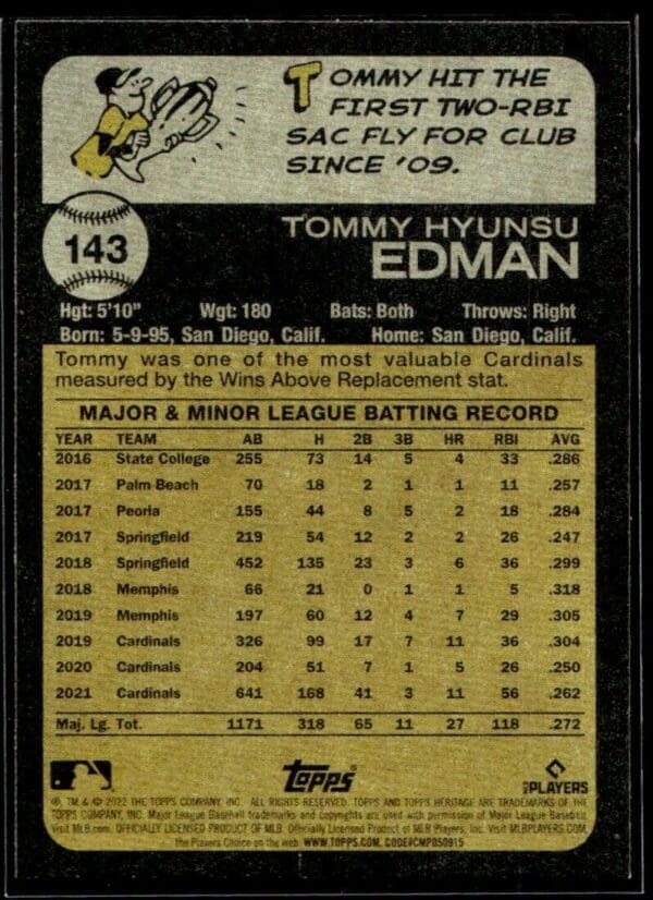 2022 Topps Heritage Tommy Edman St. Louis Cardinals #143