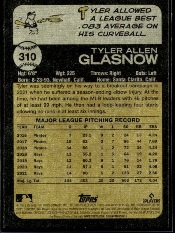 _10 2022 Topps Heritage Tyler Glasnow Tampa Bay Rays #310
