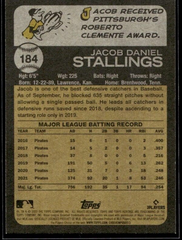 2022 Topps Heritage Jacob Stallings Miami Marlins #184