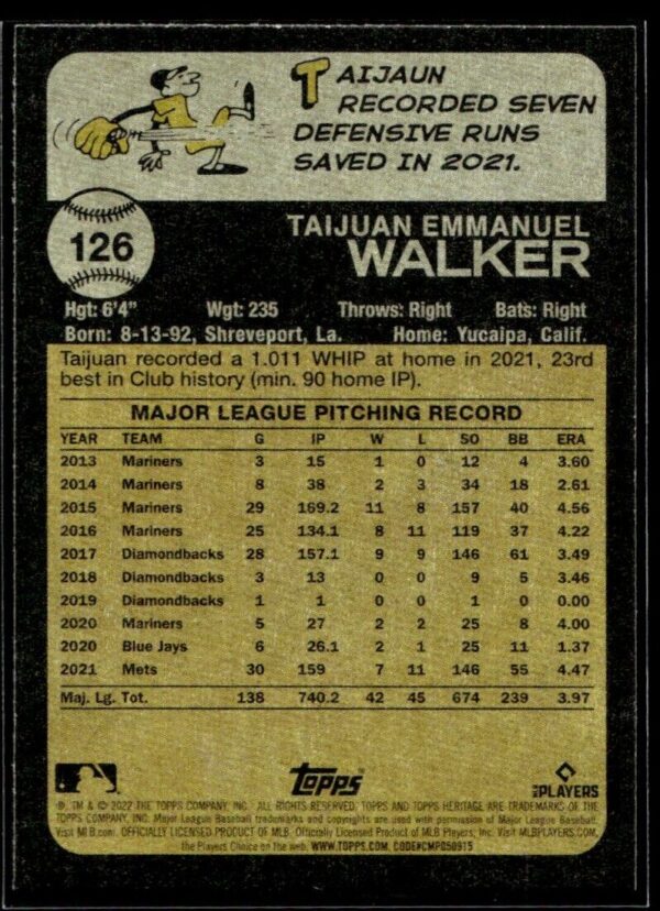 2022 Topps Heritage Taijuan Walker New York Mets #126