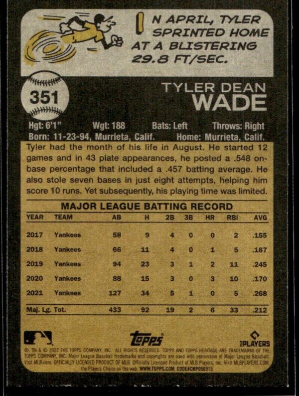 2022 Topps Heritage Tyler Wade Los Angeles Angels #351
