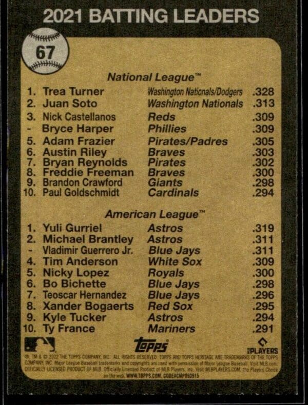 2022 Topps Heritage Yuli Gurriel/Trea Turner Houston Astros/Los Angeles Dodgers