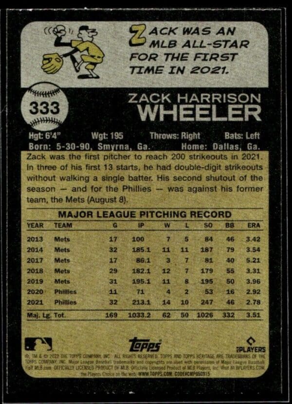 2022 Topps Heritage Zack Wheeler Philadelphia Phillies #333