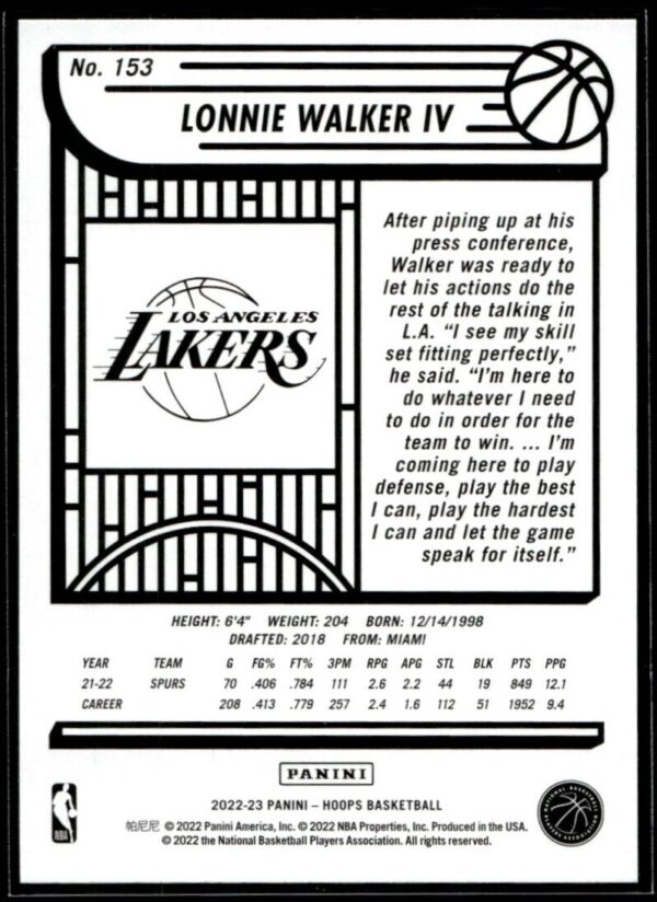 2022 Hoops Los Angeles Lakers #153 Lonnie Walker IV
