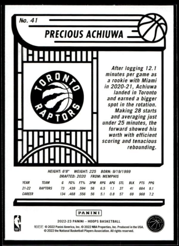 2022 Hoops Toronto Raptors #41 Precious Achiuwa