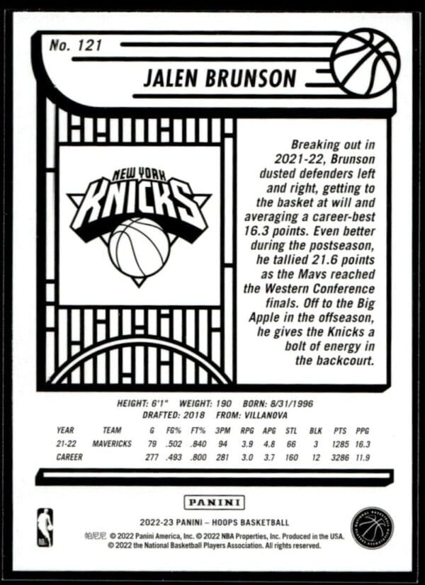 2022 Hoops New York Knicks #121 Jalen Brunson