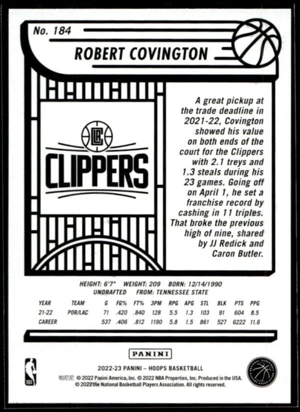 _10 2022 Hoops Los Angeles Clippers #184 Robert Covington