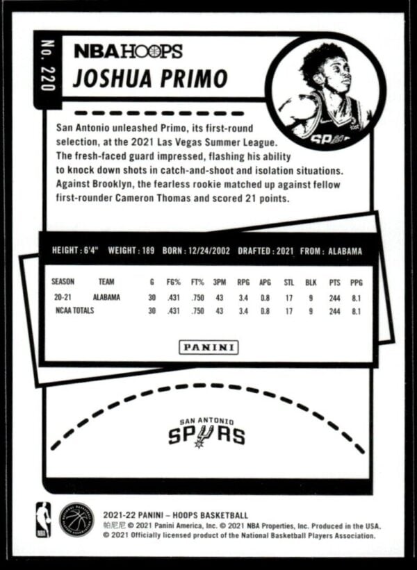 _10 2021 NBA Hoops San Antonio Spurs #220 Joshua Primo RC Rookie