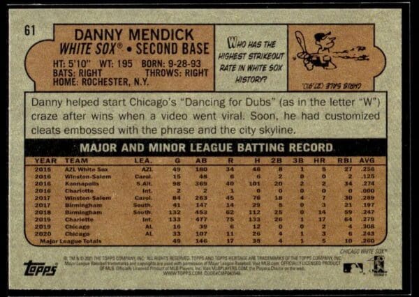 2021 Topps Heritage Chicago White Sox #61 Danny Mendick