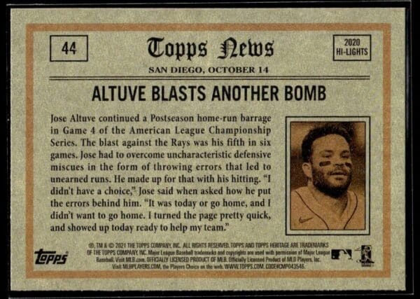 2021 Topps Heritage Jose Altuve In Action  #44 Altuve Blasts Another Bomb