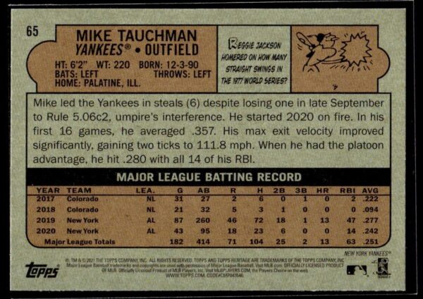 2021 Topps Heritage New York Yankees #65 Mike Tauchman
