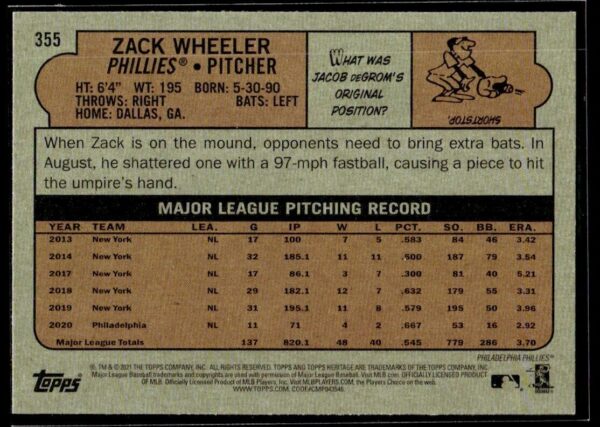 2021 Topps Heritage Philadelphia Phillies #355 Zack Wheeler