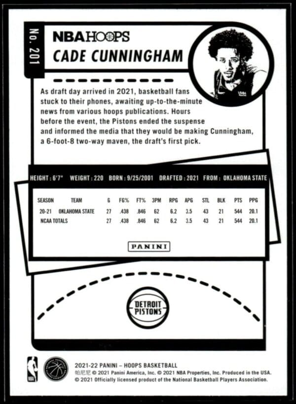 2021 NBA Hoops Detroit Pistons #201 Cade Cunningham RC Rookie