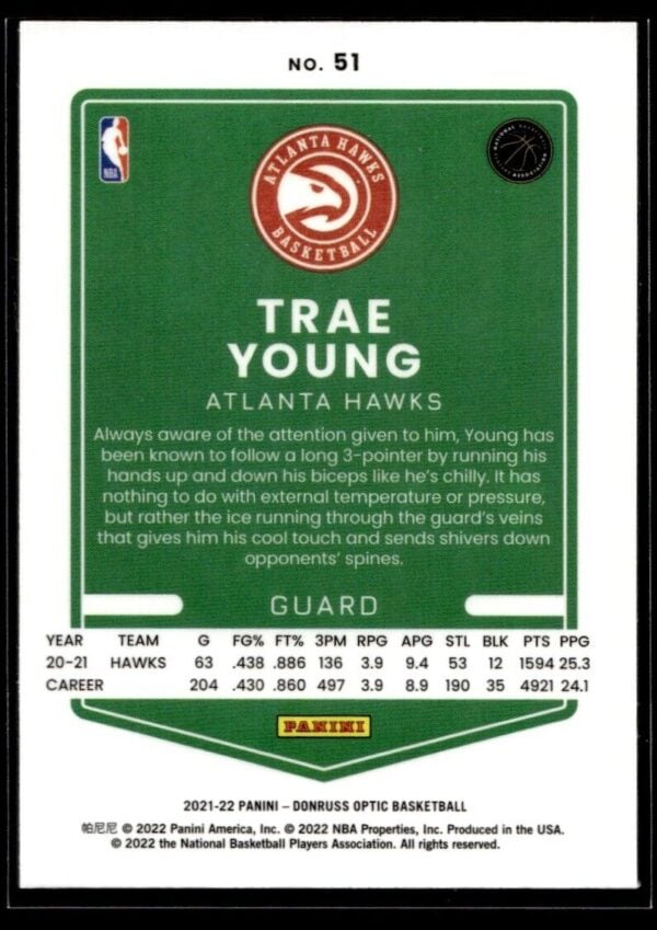 2021 Donruss Optic Atlanta Hawks #51 Trae Young