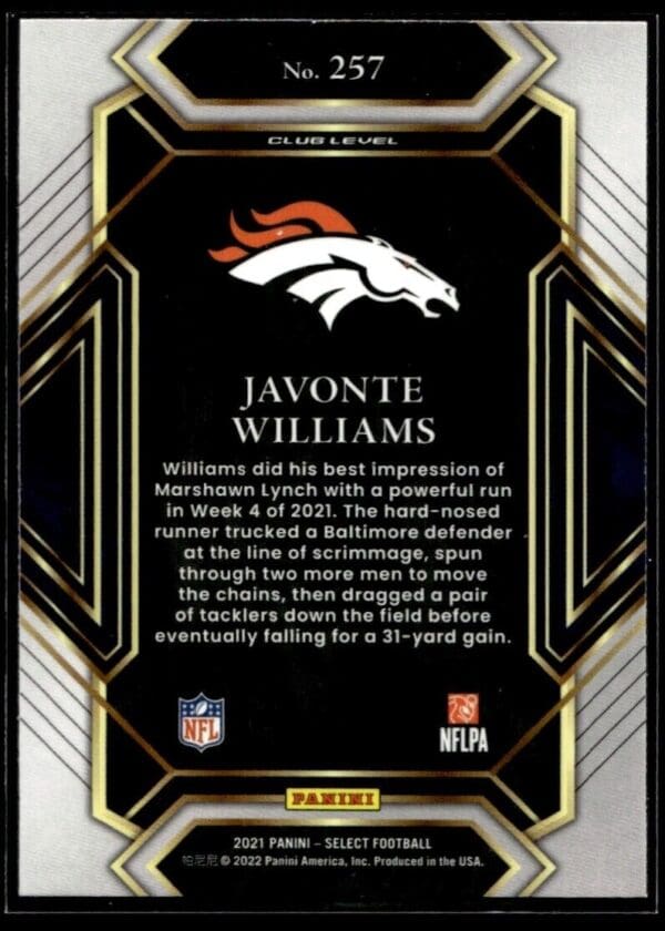 2021 Panini Select Denver Broncos #257 Javonte Williams RC Rookie