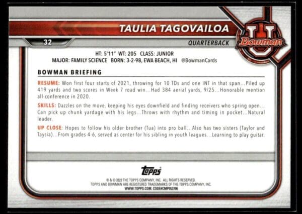 2021 Bowman University Maryland Terrapins #32 Taulia Tagovailoa