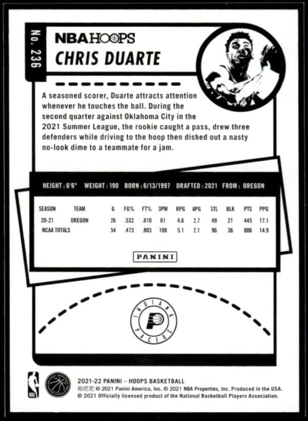 _10 2021 NBA Hoops Indiana Pacers #236 Chris Duarte RC Rookie